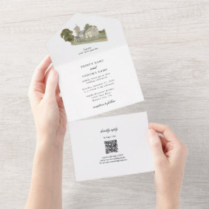 Invitation Tout En Un Aquarelle Eglise traditionnelle Monogramme Mariage