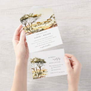 Invitation Tout En Un Aquarelle en terre bouillie Mariage paysager afric
