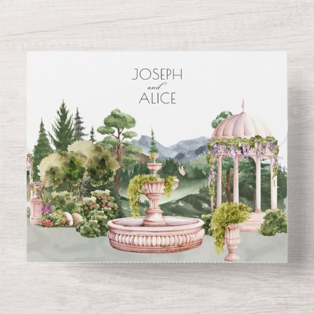 Invitation Tout En Un Aquarelle esthétique jardin vert élégant mariage (Verso)
