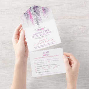 Invitation Tout En Un Aquarelle feuilles indigo rose mariage after party