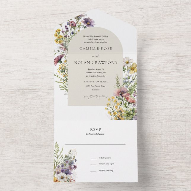 Invitation Tout En Un Aquarelle Fleur sauvage Jardin Arc Mariage Floral (À l'intérieur)