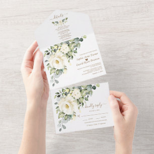 Invitation Tout En Un Aquarelle Fleurs blanches Mariage Monogramme or