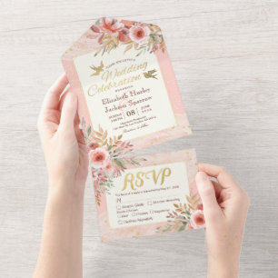 Invitation Tout En Un Aquarelle Fleurs or rose Confetti Mariage RSVP