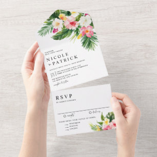 Invitation Tout En Un Aquarelle Fleurs tropicales et Mariage de verdure