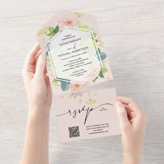 Invitation Tout En Un Aquarelle Floral Blush rose Mariage QR Code (Déchirure)