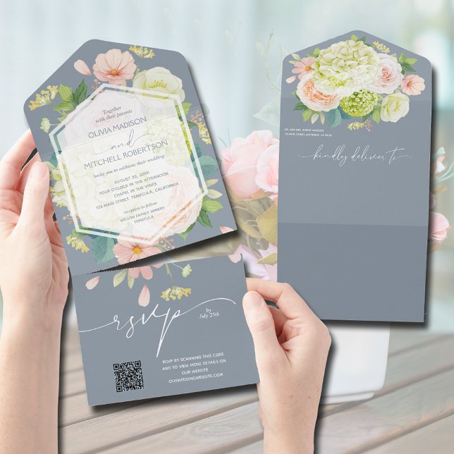 Invitation Tout En Un Aquarelle Floral Dusty Mariage QR Code (Créateur téléchargé)