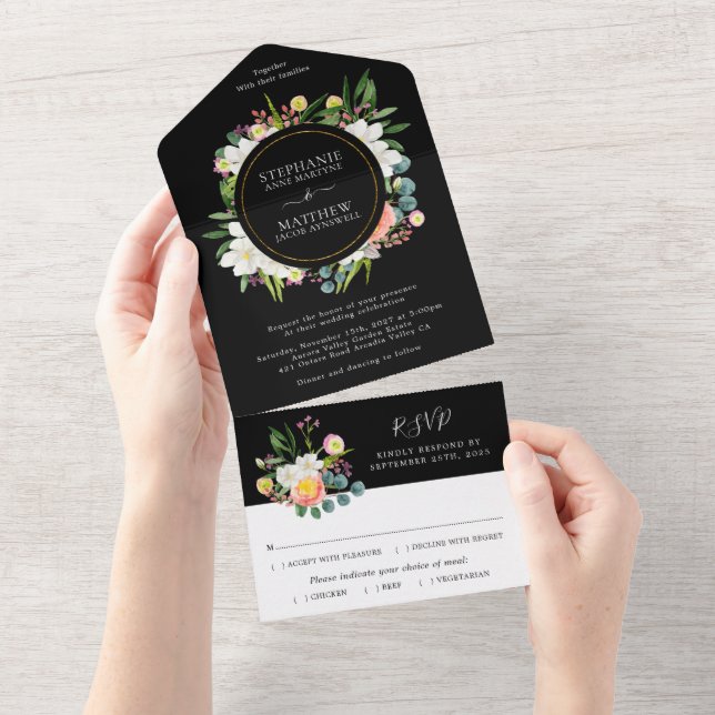 Invitation Tout En Un Aquarelle Floral Mariage moderne Noir (Déchirure)