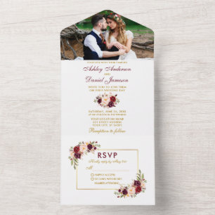 Invitation Tout En Un Aquarelle Floral Mariage photo Or Bourgogne