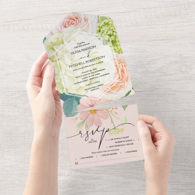Invitation Tout En Un Aquarelle Floral Mariage rose (Déchirure)