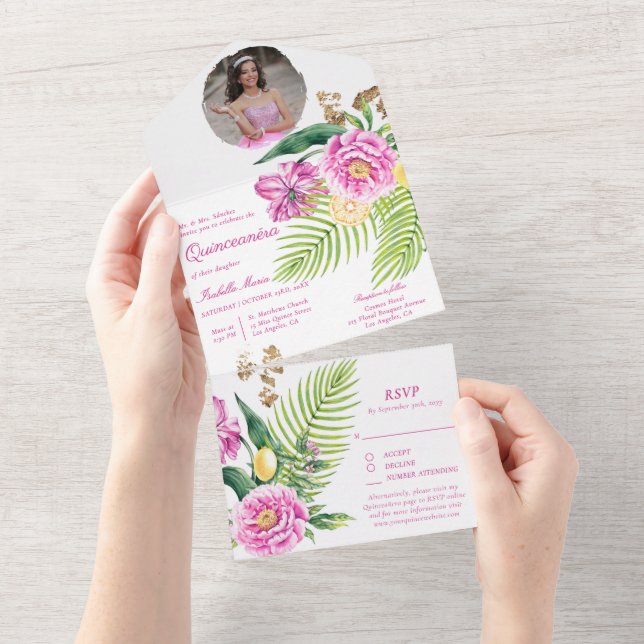 Invitation Tout En Un Aquarelle Floral Peonies roses Photo Quinceañera (Déchirure)