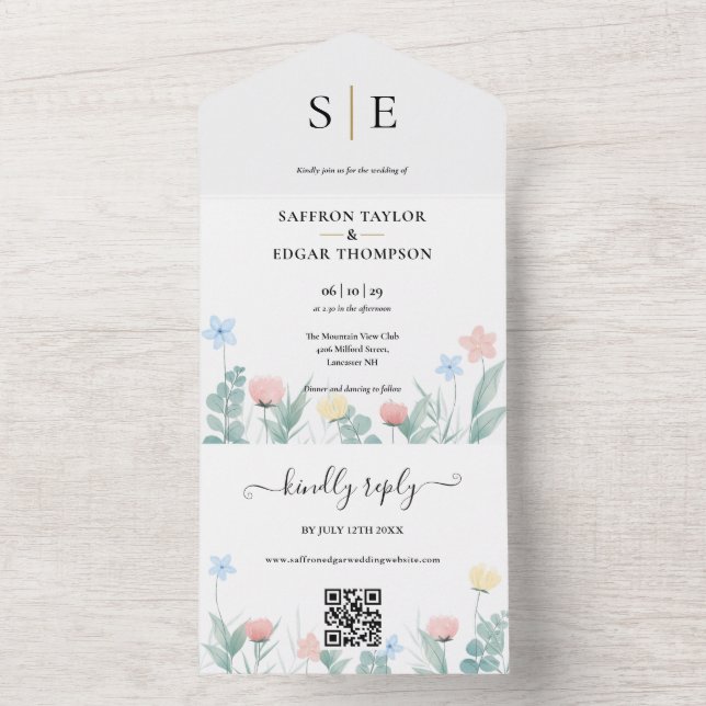 Invitation Tout En Un Aquarelle Floral QR Code Monogramme Mariage (À l'intérieur)