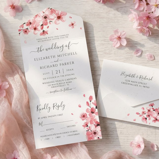 Invitation Tout En Un Aquarelle Floral rose cerisier Mariage (Créateur téléchargé)