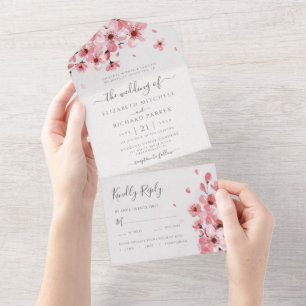 Invitation Tout En Un Aquarelle Floral rose cerisier Mariage