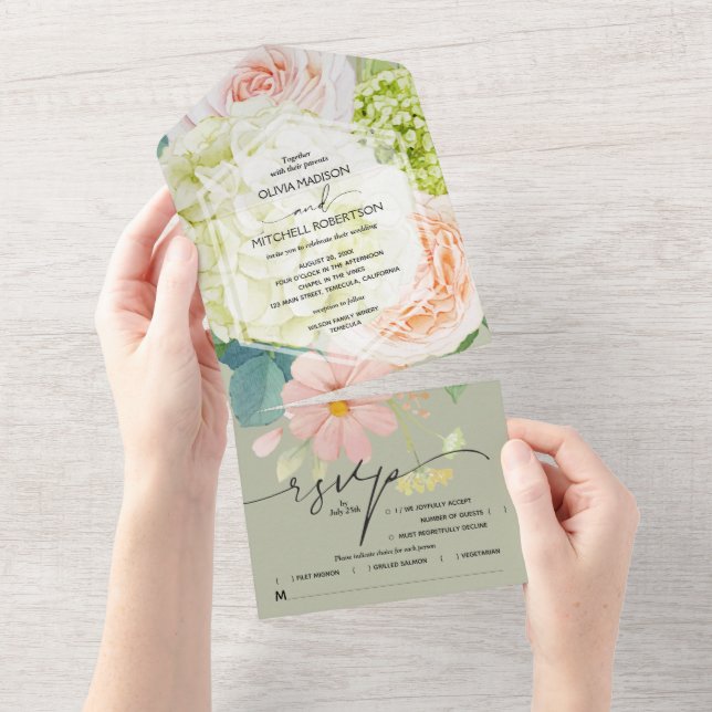 Invitation Tout En Un Aquarelle Floral Sage Mariage vert (Déchirure)