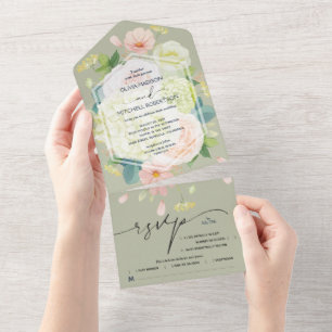 Invitation Tout En Un Aquarelle Floral Sage Mariage vert
