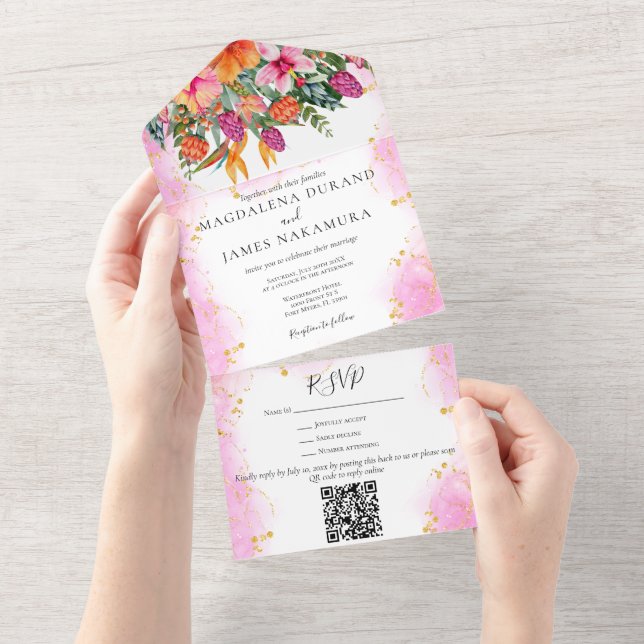 Invitation Tout En Un Aquarelle Floral Tropical Bouquet Rose & Orange (Déchirure)