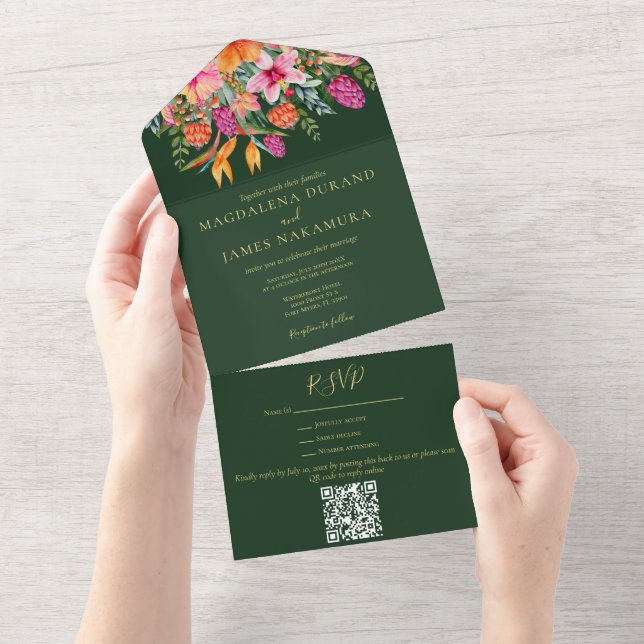 Invitation Tout En Un Aquarelle Floral Tropical Vert Rose & Orange (Déchirure)