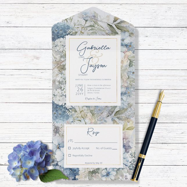Invitation Tout En Un Aquarelle Florale Bleue Rustique Pas de dîner (Créateur téléchargé)