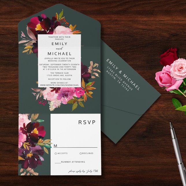 Invitation Tout En Un Aquarelle florale de la Bourgogne verte (Créateur téléchargé)