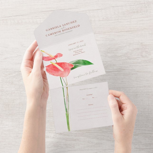 Invitation Tout En Un Aquarelle florale Mariage Laceleaf tropical (Déchirure)