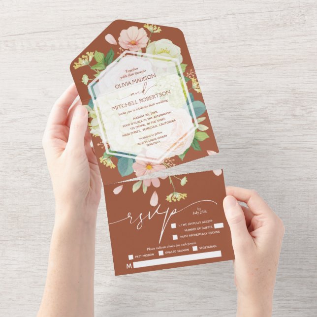 Invitation Tout En Un Aquarelle Florale sur Mariage en terre cuite (Déchirure)