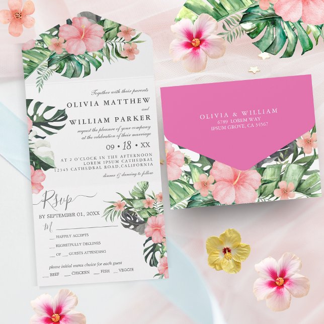 Invitation Tout En Un Aquarelle florale tendance Mariage vert tropical (Créateur téléchargé)