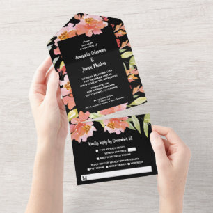 Invitation Tout En Un Aquarelle Flore rouge sur Mariage noir