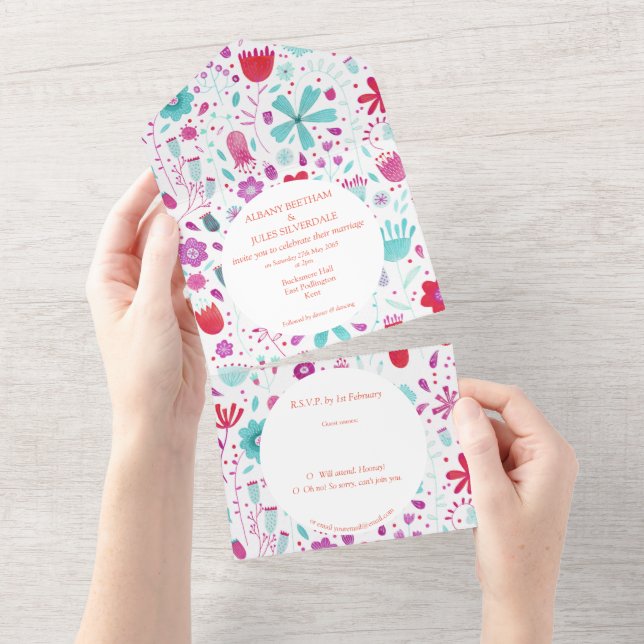 Invitation Tout En Un Aquarelle Flower Meadow Turquoise (Déchirure)