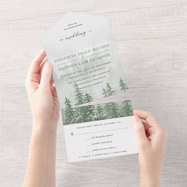 Invitation Tout En Un Aquarelle Forêt À feuillage persistant en Mariage  (Déchirure)