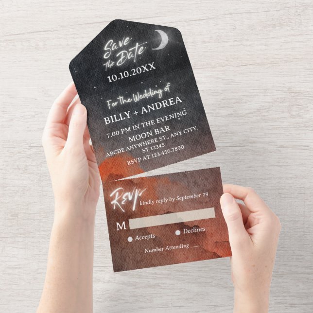 Invitation Tout En Un Aquarelle galaxie lune mariage (Déchirure)