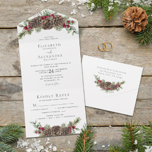 Invitation Tout En Un Aquarelle Hiver Berries Pine Mariage élégant