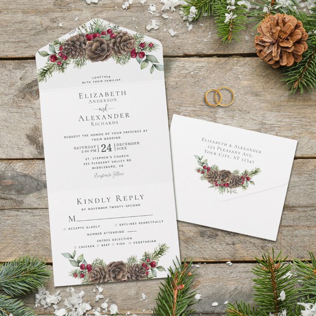 Invitation Tout En Un Aquarelle Hiver Berries Pine Mariage élégant (Créateur téléchargé)