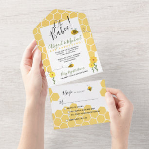 Invitation Tout En Un Aquarelle Honeypeb Bumble Bee Baby shower