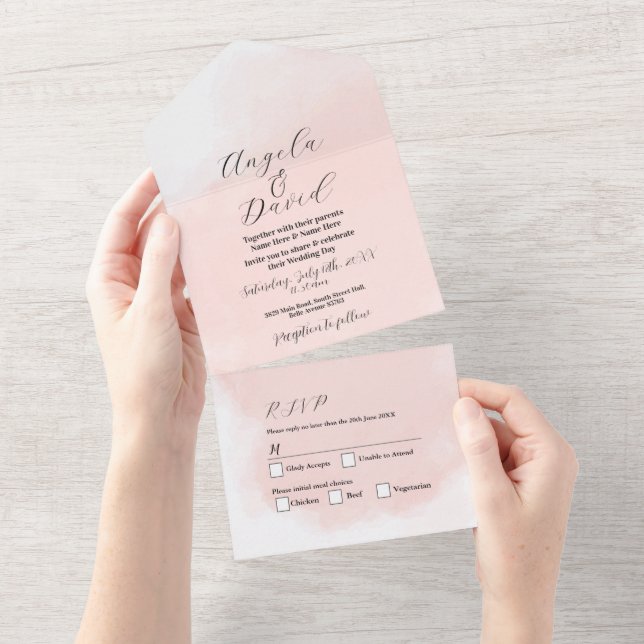 Invitation Tout En Un Aquarelle Laver la pêche Mariage moderne Inviter R (Déchirure)