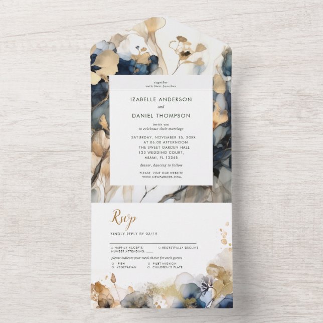 Invitation Tout En Un Aquarelle Mariage bleu et or (À l'intérieur)