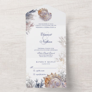 Invitation Tout En Un Aquarelle Mariage Coraux de coquillage