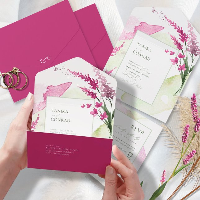 Invitation Tout En Un Aquarelle Mariage fleur sauvage Fuchsia ID954 (Créateur téléchargé)