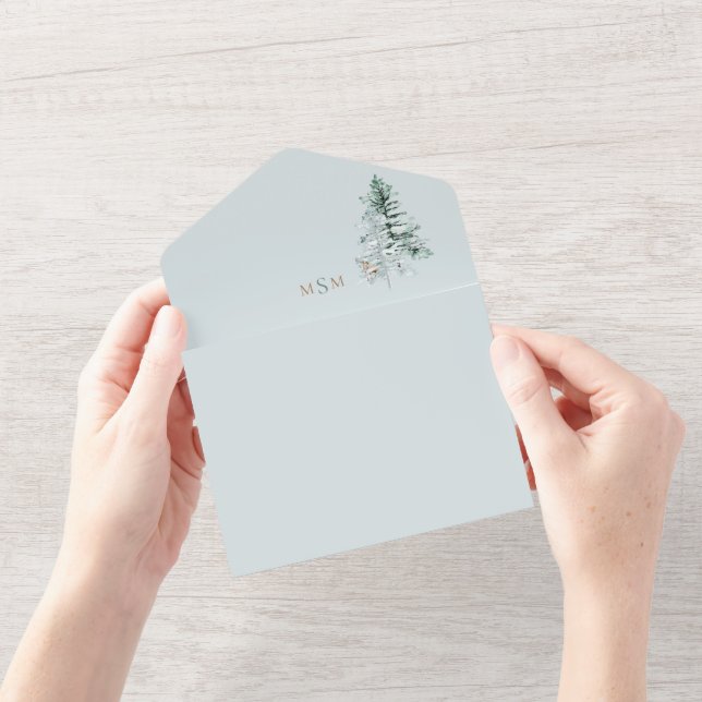 Invitation Tout En Un Aquarelle Mariage Monogramme de cerfs de bois (Ouverture)