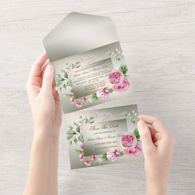 Invitation Tout En Un Aquarelle mariage Rose Floral Frame Bronze brillan (Déchirure)