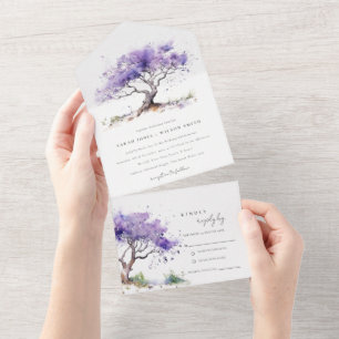 Invitation Tout En Un Aquarelle minimale Lilac Jacaranda Mariage arbre