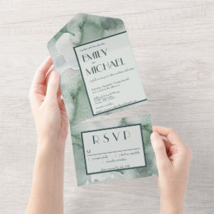 Invitation Tout En Un Aquarelle Moderne Abstraite Vert Sauge Mousse