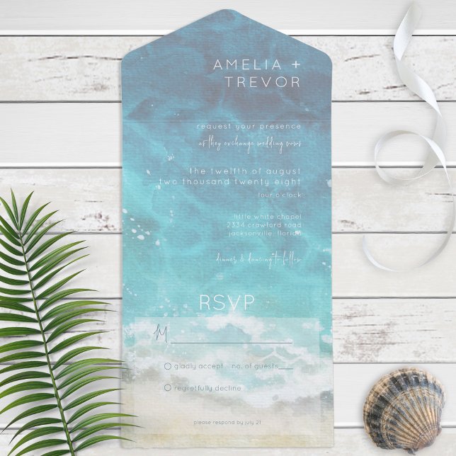 Invitation Tout En Un Aquarelle moderne Aqua Beach & Sea No Dinner (Créateur téléchargé)