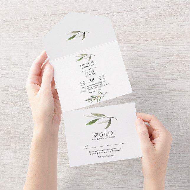 Invitation Tout En Un Aquarelle moderne Branche d'olive verte (Créateur téléchargé)