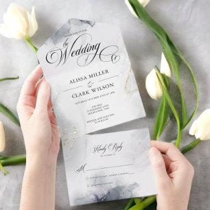 Invitation Tout En Un Aquarelle moderne chic noir et blanc gris or