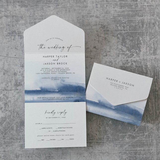 Invitation Tout En Un Aquarelle moderne | Mariage bleu (Créateur téléchargé)