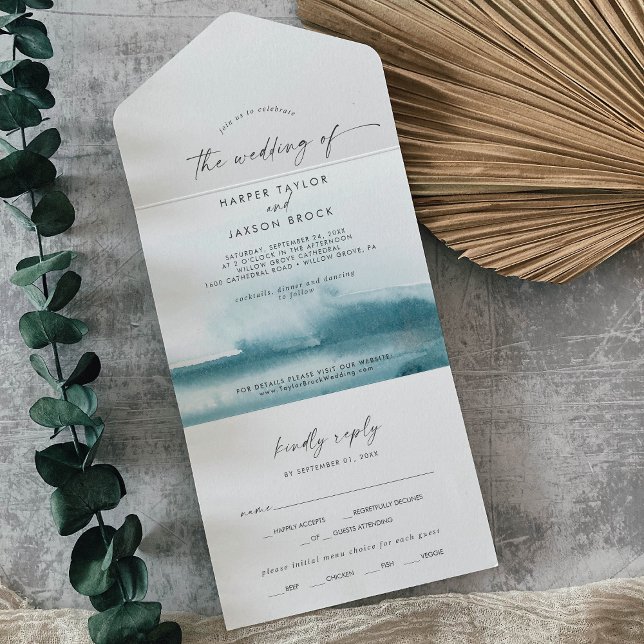 Invitation Tout En Un Aquarelle moderne | MARIAGE TURQUOISE (Créateur téléchargé)