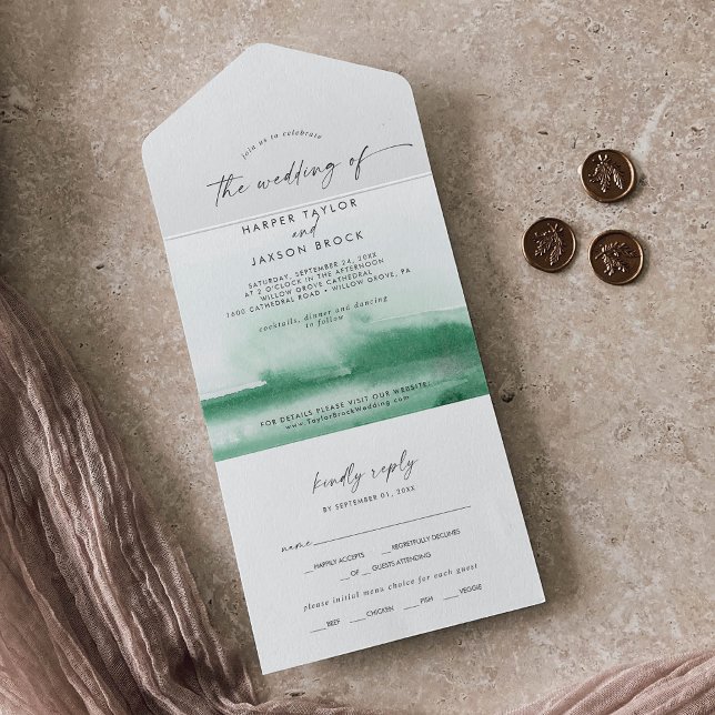 Invitation Tout En Un Aquarelle moderne | Mariage vert (Créateur téléchargé)