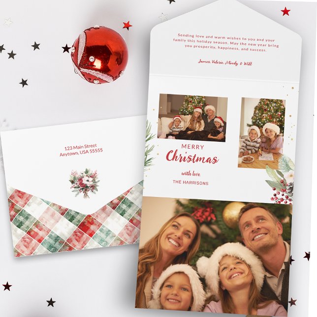 Invitation Tout En Un Aquarelle moderne Noël Botanique à deux photos (Créateur téléchargé)