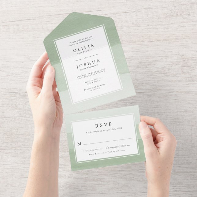 Invitation Tout En Un Aquarelle moderne Sage Vert Ombre Mariage frontièr (Déchirure)