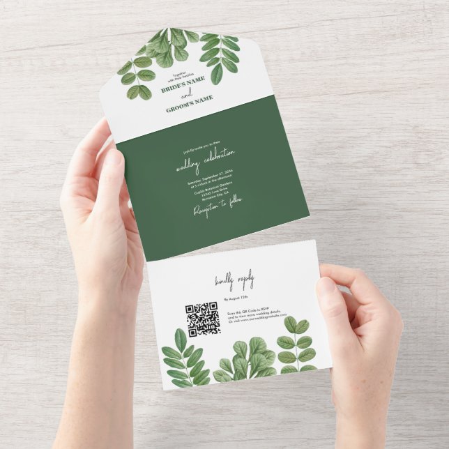 Invitation Tout En Un Aquarelle moderne vert émeraude Mariage vert émera (Déchirure)
